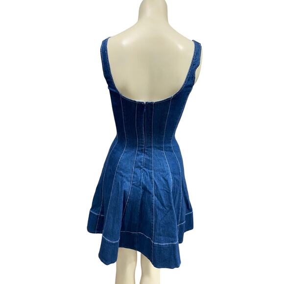 NEW / STAUD Wells Denim Fit Flare Skater Mini Dress 00 Medium Wash - Picture 7 of 8